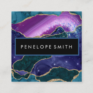 Cartão De Visita Quadrado Abstrato de Agato Azul e Púrpura