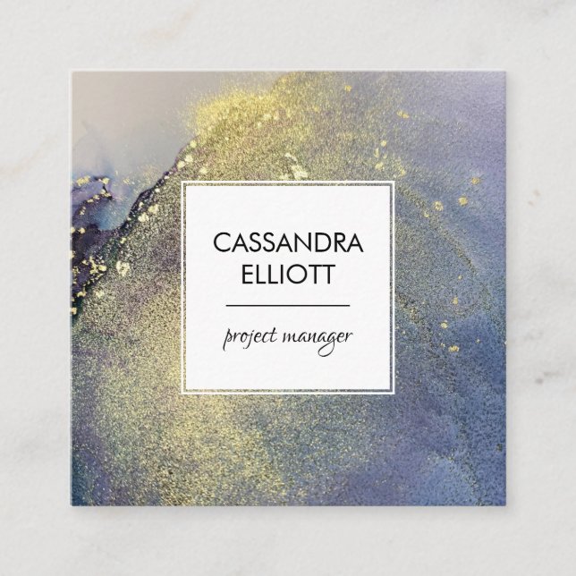 Cartão De Visita Quadrado Abstrato Denim Blue & Dourada Tinta Álcool Arte Lí (Frente)