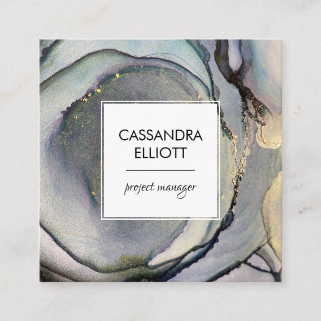 Cartão De Visita Quadrado Abstrato Denim Blue & Dourada Tinta Álcool Arte Lí (Frente)