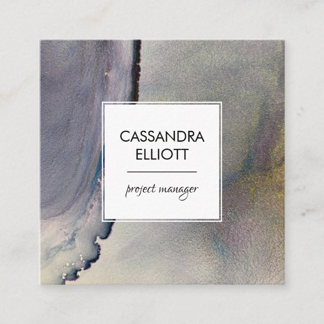 Cartão De Visita Quadrado Abstrato Denim Blue & Dourada Tinta Álcool Arte Lí (Frente)