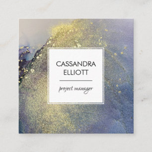 Cartão De Visita Quadrado Abstrato Denim Blue & Dourado Álcool Tinta Líqui