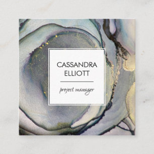 Cartão De Visita Quadrado Abstrato Denim Blue & Dourado Álcool Tinta Líquida