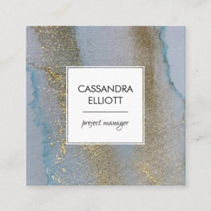 Cartão De Visita Quadrado Abstrato Dourada Azul Shimmer Álcool Tinta Líquida