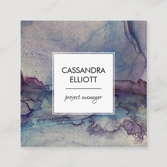 Cartão De Visita Quadrado Abstrato Dusty Tinta Azul Roxa de Álcool Arte Líqu (Frente)