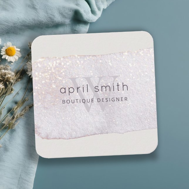 Cartão De Visita Quadrado Abstrato Purple Lilac Brush Stoke Monograma Brilha (Criador carregado)