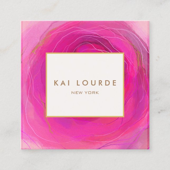 Cartão De Visita Quadrado Abstrato Rosa na moda, Cinza, Quadrado de Aquarela (Frente)