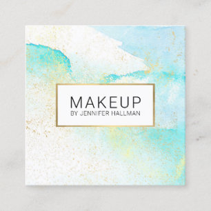 Cartão De Visita Quadrado Abstrato Teal Azul Aquarela Cintilação Dourada