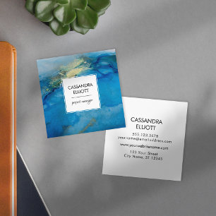 Cartão De Visita Quadrado Abstrato Teal Blue e Dourada Tinta Álcool Arte Líq