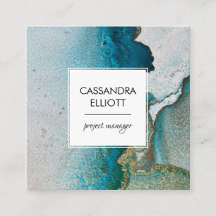 Cartão De Visita Quadrado Abstrato Turquesa e Dourada Tinta Álcool Arte Líqu