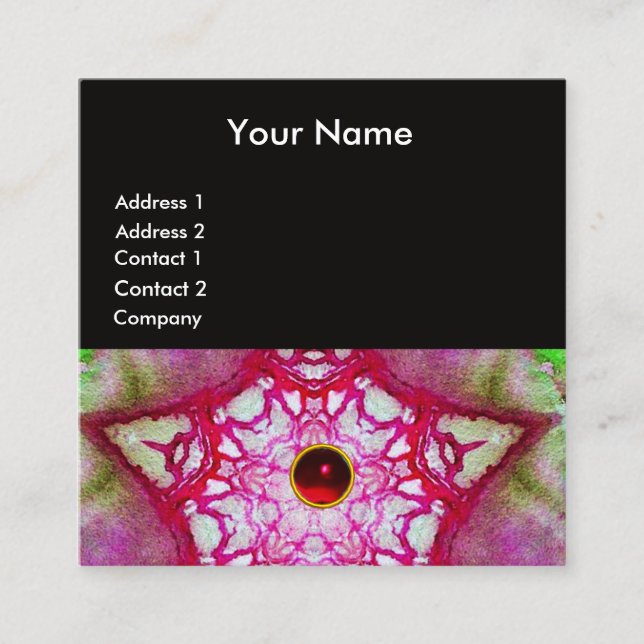 CARTÃO DE VISITA QUADRADO ABSTRATO VERDE STAR, RUBY GEMSTONE MONOGRAM (Frente)