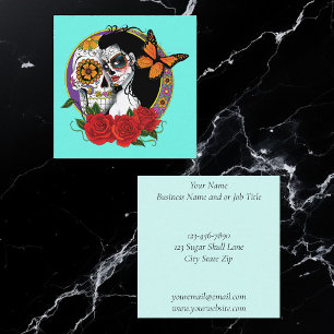 Cartão De Visita Quadrado Açúcares Elegantes Caveiras Monarca Rosas Vermelha