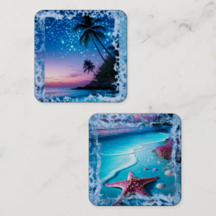 Cartão De Visita Quadrado Adesivo Galáxia Coração de Cristal Azul Tropicai