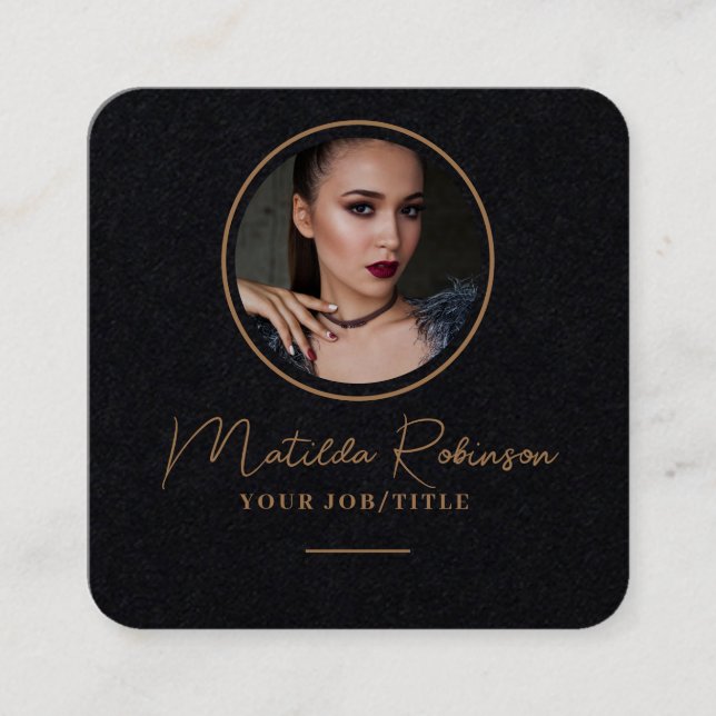 Cartão De Visita Quadrado Adicionar Foto Circular Dourada Preto Premium (Frente)