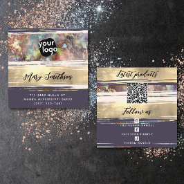 Cartão De Visita Quadrado Adicionar logotipo Mídia social e código QR Dourad