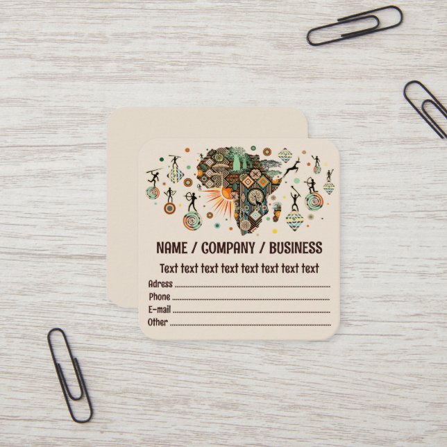 Cartão De Visita Quadrado Africa Map Decorative Tribal Elements Pattern (Frente/Verso In Situ)