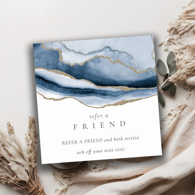 Cartão De Visita Quadrado Agate Azul Marinho Dourado Consulte Um Amigo (Criador carregado)