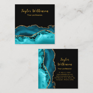 Cartão De Visita Quadrado Agato Dourado Elegante e Azul Teal