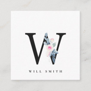 CARTÃO DE VISITA QUADRADO ALFABETES BLUES BLUH BLUE FLORAL NOME LETRA W