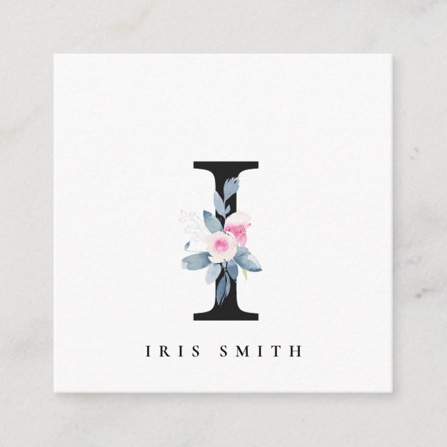 CARTÃO DE VISITA QUADRADO ALFABETES FLORAIS AZUIS SUAVES LETRA I (Frente)