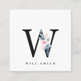 CARTÃO DE VISITA QUADRADO ALFABETES FLORAIS AZUIS SUAVES LETRA W