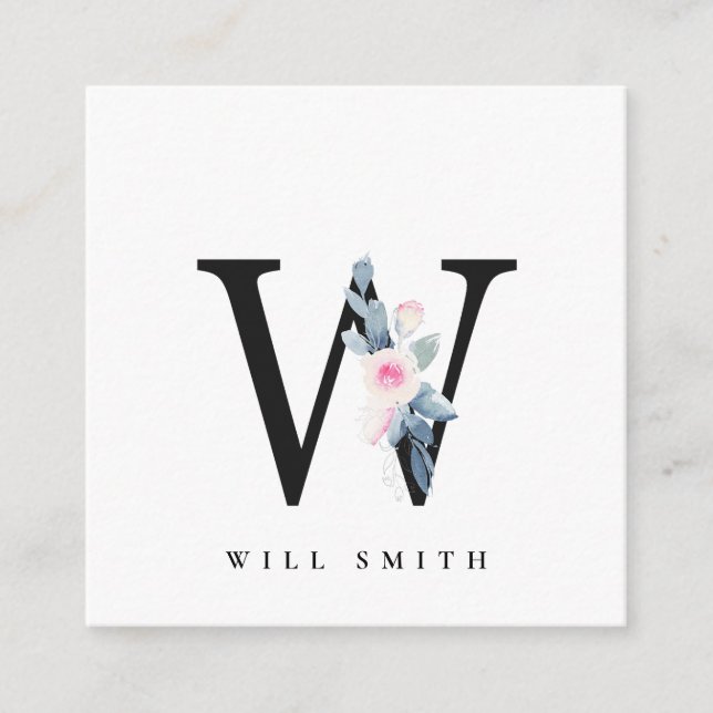 CARTÃO DE VISITA QUADRADO ALFABETES FLORAIS AZUIS SUAVES LETRA W (Frente)