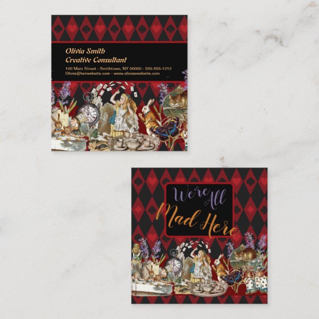 Cartão De Visita Quadrado Alice no País das Maravilhas Mad Cheshire Cat (Frente/Verso)