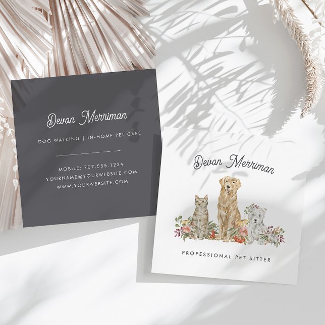 Cartão De Visita Quadrado Animais Florais De Aquarela | Pet Care (Criador carregado)