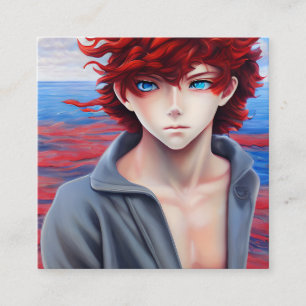 Cartão De Visita Quadrado Anime Boy com pintura de óleo de cabelo encaracola