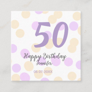 Cartão De Visita Quadrado aniversário de 50 anos adicionar nome data roxo la
