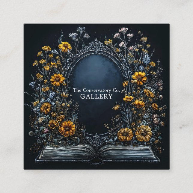 Cartão De Visita Quadrado Antique Mirror Floral Open Book Dark Academia (Frente)