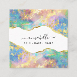 Cartão De Visita Quadrado *~* AP26 OPAL Arco-Íris QR Glitter Eteal Dourado 