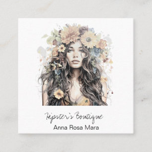 Cartão De Visita Quadrado *~* AP57 Orange Boho QR Flowers Hair Hippie Girl