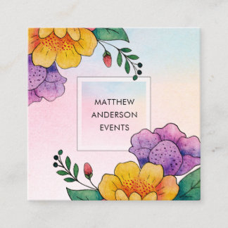 Cartão De Visita Quadrado Aquarela Amarela Roxa Floral em Fundo Suave