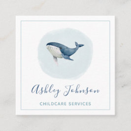Cartão De Visita Quadrado Aquarela Azul Baleia Bebê Babysitter Infantil
