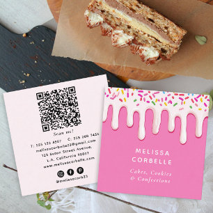 Cartão De Visita Quadrado Aquarela Código QR Rosa de Gotas de Creme Doce Pad