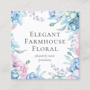 Cartão De Visita Quadrado Aquarela Floral & Peônia de Madeira Rústica Mídia 