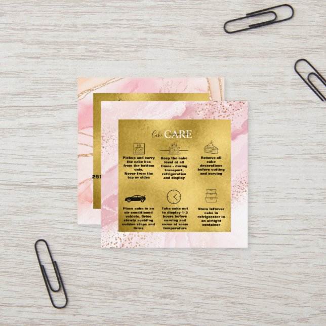 Cartão De Visita Quadrado Aquarela rosa moderna e cuidado com bolos dourados (Frente/Verso In Situ)