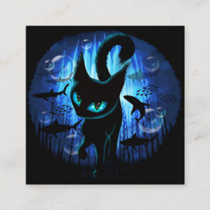 Cartão De Visita Quadrado Aquático - Gato Surreal em Fantasia no Oceano Prof