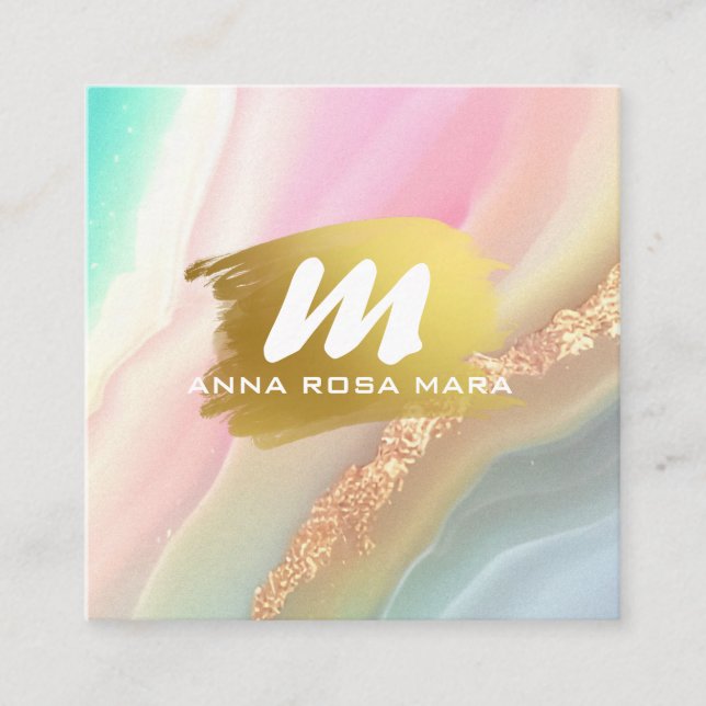 Cartão De Visita Quadrado *~* Arco-íris em Pastel QR AP66 Brilho Dourado Ága (Frente)