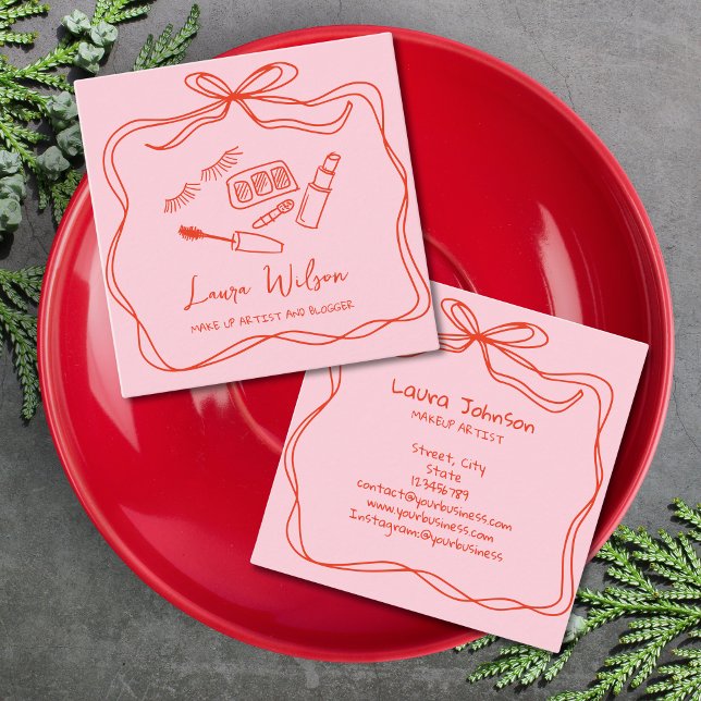 Cartão De Visita Quadrado Arco Vermelho Rosa Vermelho Maquiista de Portão Mo (red pink bow with doodle makeup)