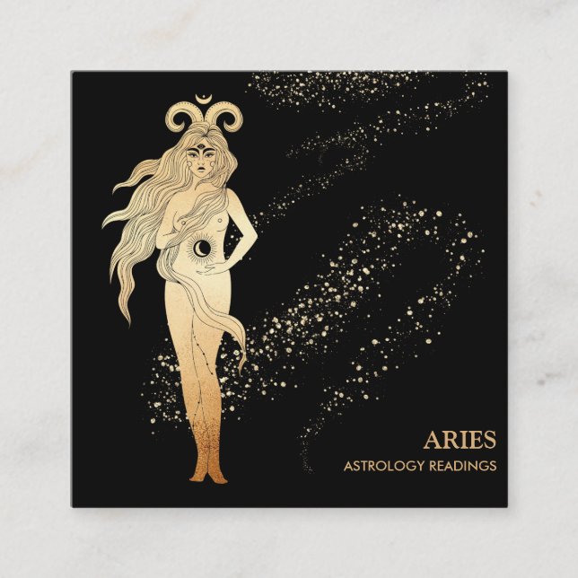 Cartão De Visita Quadrado *~* ARIES Zodiac Astrologia Lendo Dourado Preto (Frente)