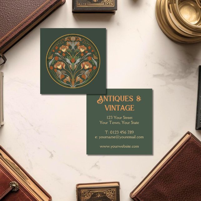 Cartão De Visita Quadrado Art Nouveau Green Cream (Art Nouveau Business Card for antique store, jewellry, vintage or any profession.)