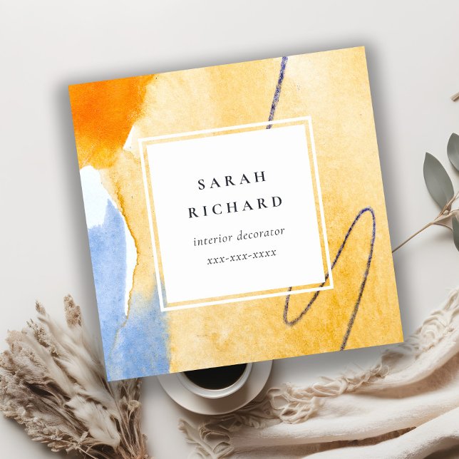 Cartão De Visita Quadrado Arte Abstrato artística amarela azul-aquarela (Criador carregado)