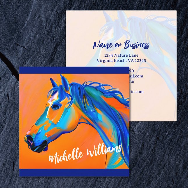 Cartão De Visita Quadrado Arte azul e Abstrato laranja (Blue and Orange Abstract Horse Art Square Business Card)