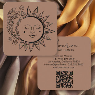 Cartão De Visita Quadrado Arte de Linha Boho Floral Sol Elegante Código QR M