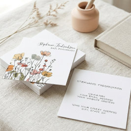 Cartão De Visita Quadrado Arte de Linha de Flor Silvestre Boho com Letra Ele