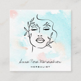 Cartão De Visita Quadrado *~* Arte de Linha QR Mulher Botânica Verde