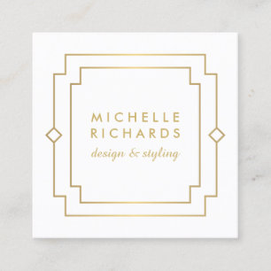 Cartão De Visita Quadrado Arte elegante Deco Profissional Branco/Dourado