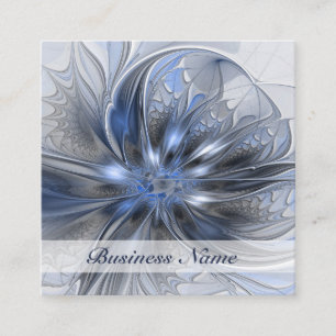 Cartão De Visita Quadrado Arte Fractal Floral Abstrata em Aquarela Azul Cinz