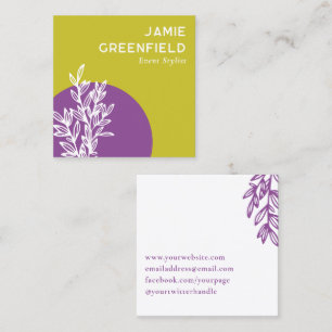 Cartão De Visita Quadrado Arte Linear em Verde Lima e Roxo Quadrado